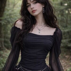 Mi Ami for Francesca's Mesh Ruched Top  Medium Black Fairy Witchy Whimsigoth